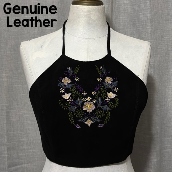 Passport Tops - Genuine Leather Halter Top-M-Black with Embroidered Front Detail-Ties-Like New